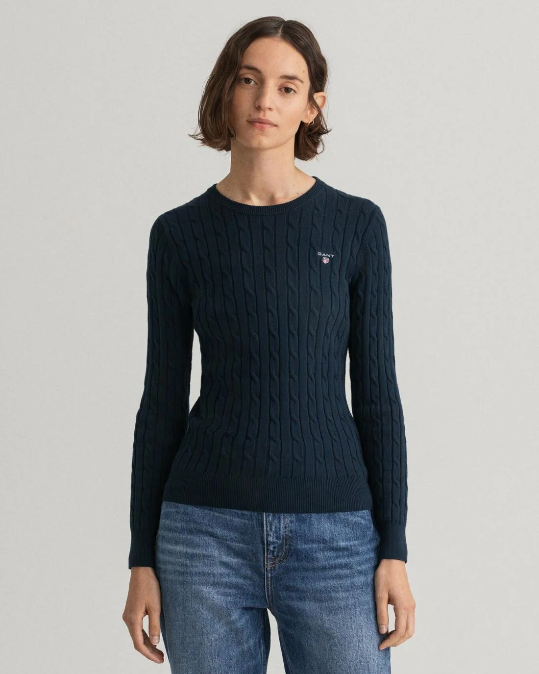 Knitwear | Womens GANT Stretch Cotton Cable Crew Neck Sweater Evening Blue