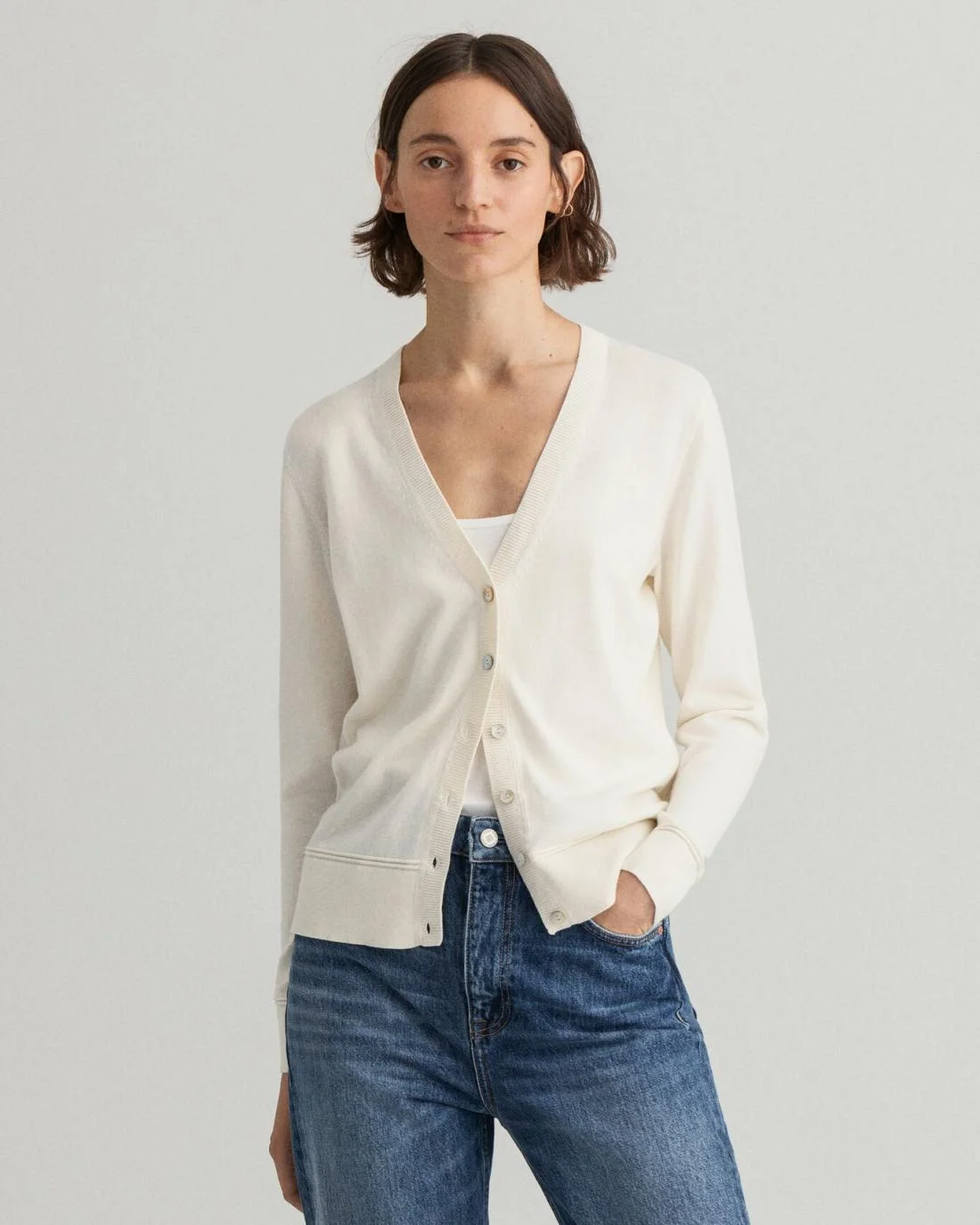 Knitwear | Womens GANT Light Cotton V-Neck Cardigan Eggshell