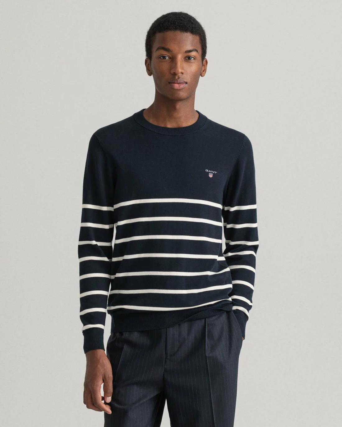 Knitwear | Mens GANT Breton Stripe Crew Neck Sweater Evening Blue