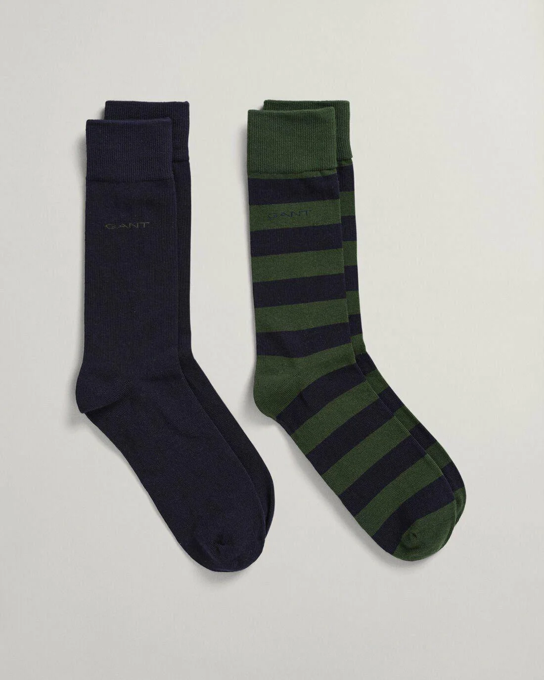 Socks | Mens GANT 2-Pack Barstripe And Solid Socks Storm Green