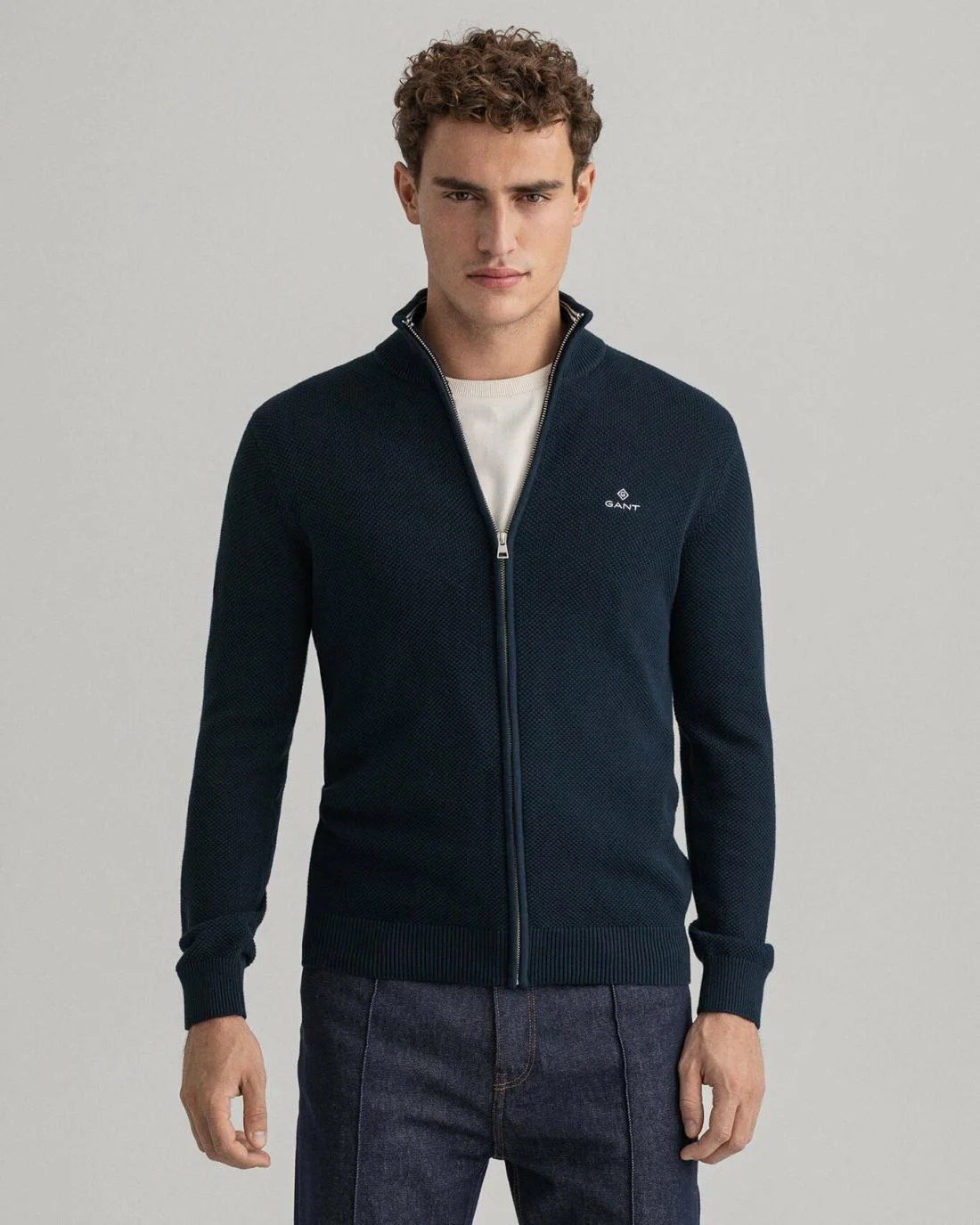 Knitwear | Mens GANT Cotton Piqué Zip Cardigan Evening Blue