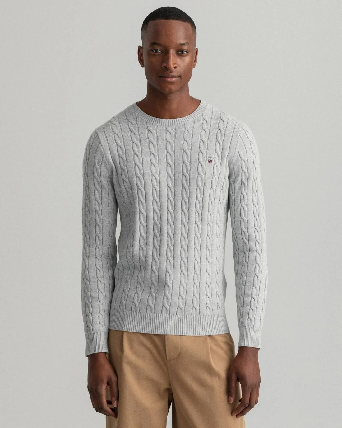 Knitwear | Mens GANT Cotton Cable Crew Neck Sweater Light Grey Melange