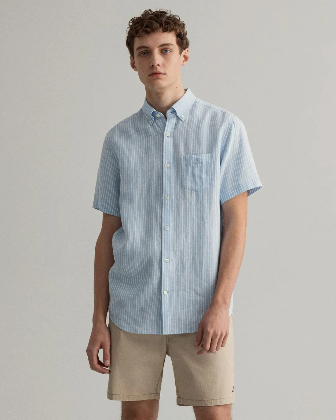 Shirts | Mens GANT Regular Fit Stripe Linen Short Sleeve Shirt Capri Blue