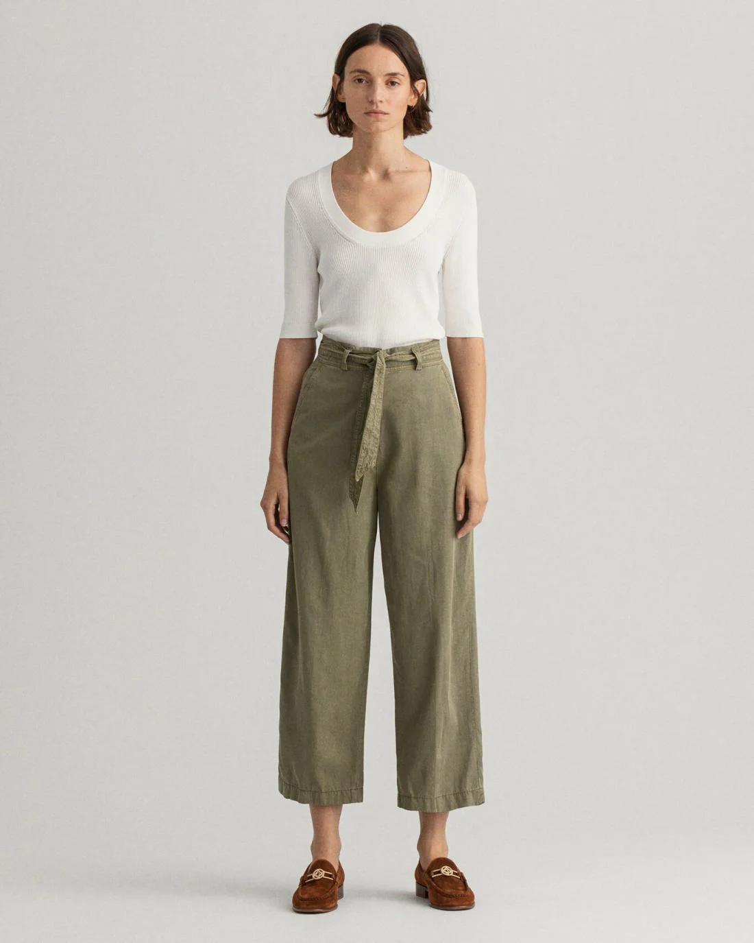 Trousers | Womens GANT Tie Belt Fluid Cropped Pants Utility Green