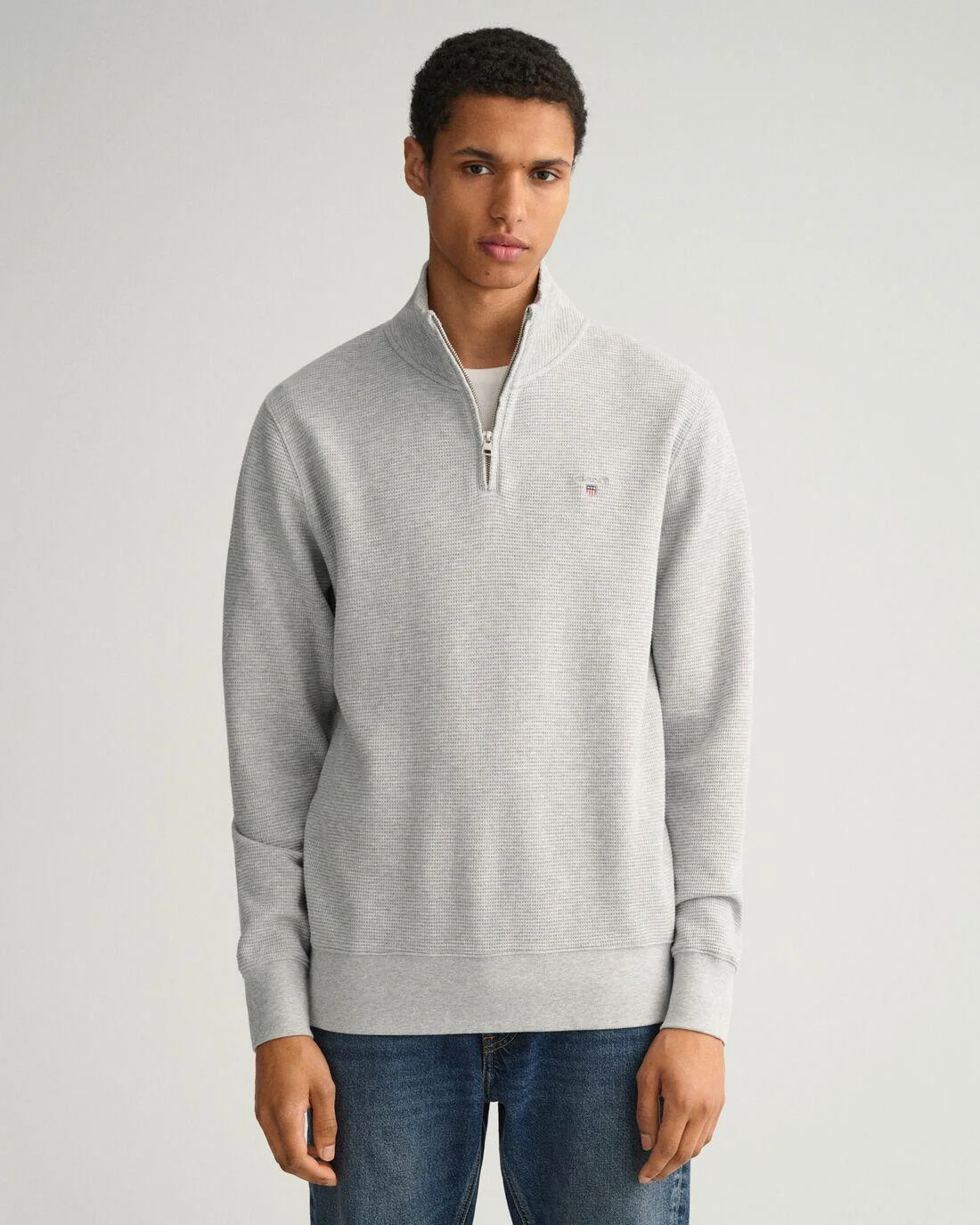 Hoodies And Sweats | Mens GANT Waffle Half-Zip Sweatshirt Light Grey Melange