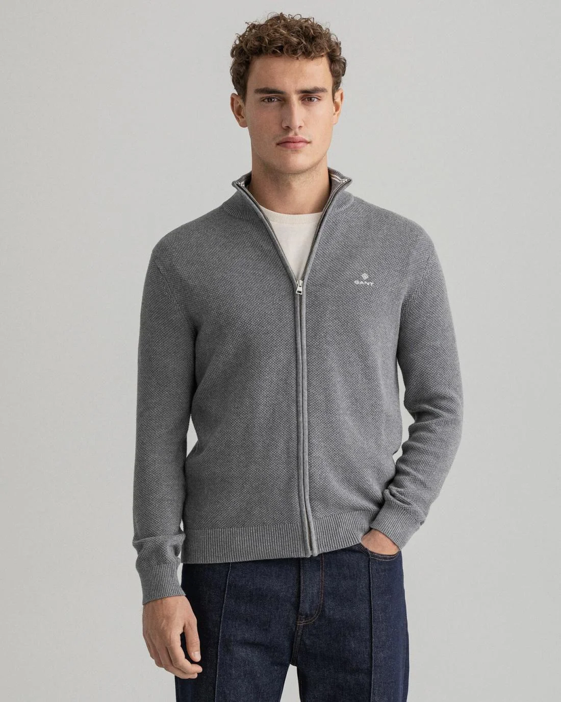 Knitwear | Mens GANT Cotton Piqué Zip Cardigan Dark Grey Melange