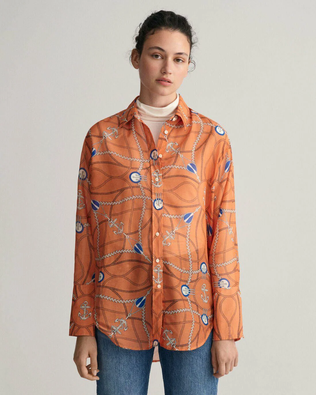 Shirts And Blouses | Womens GANT Relaxed Fit Sailing Print Cotton Silk Blouse Apricot Orange