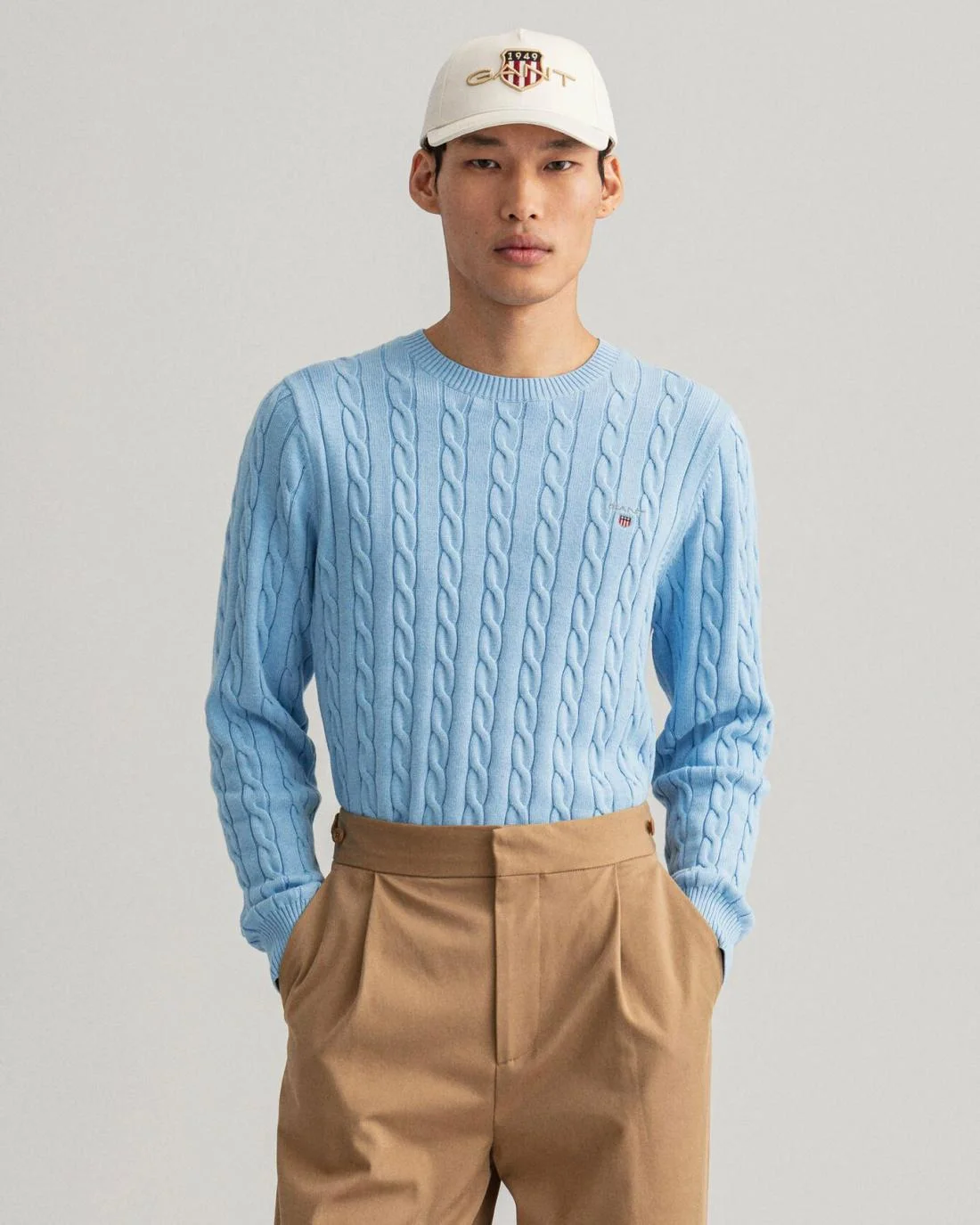 Knitwear | Mens GANT Cotton Cable Crew Neck Sweater Lake Blue Mel