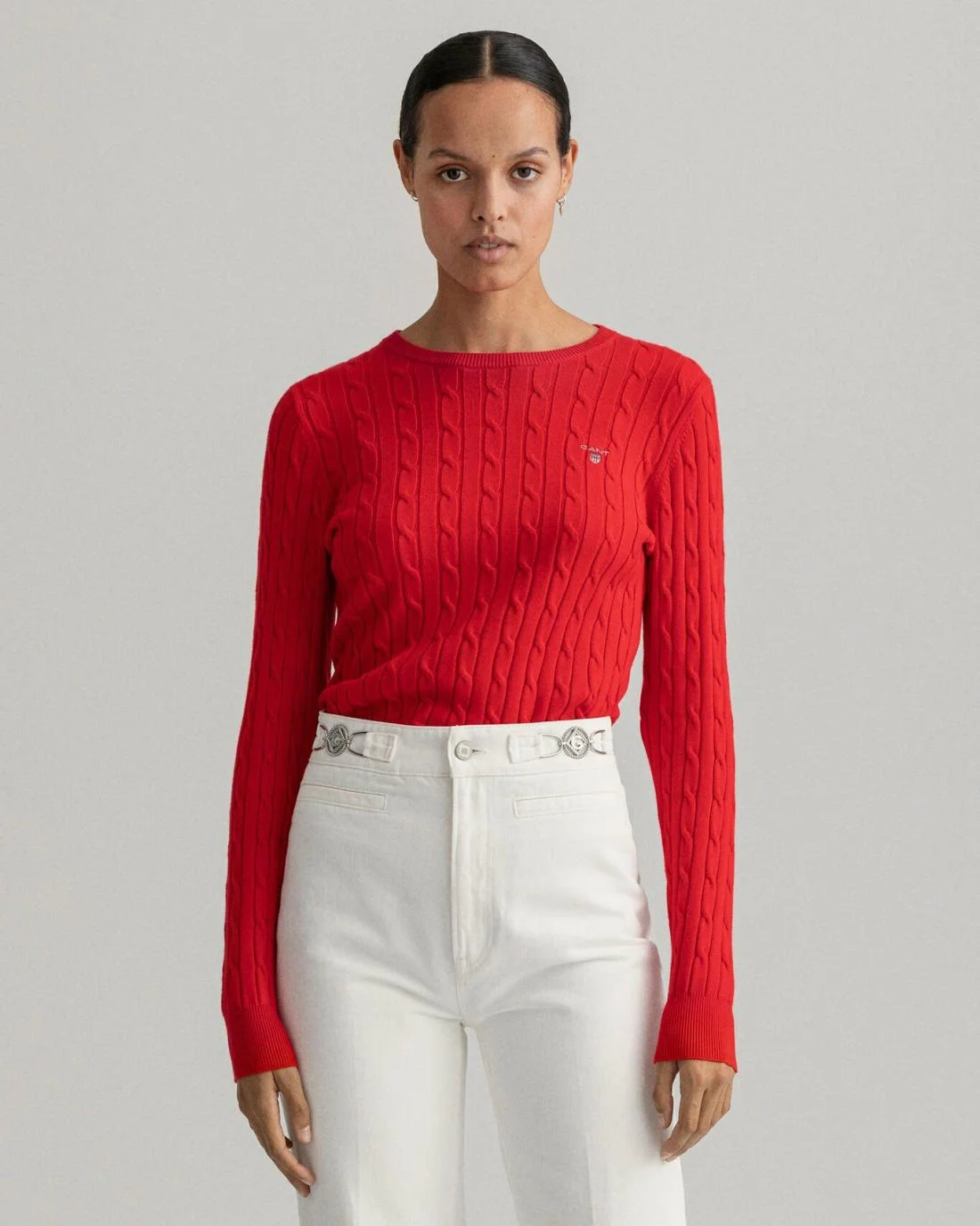 Knitwear | Womens GANT Stretch Cotton Cable Crew Neck Sweater Bright Red