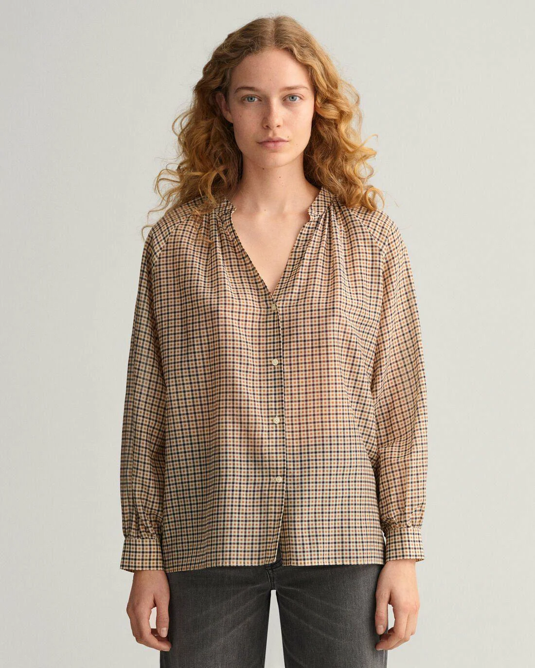 Shirts And Blouses | Womens GANT Check Cotton Silk Blouse Toffee Beige