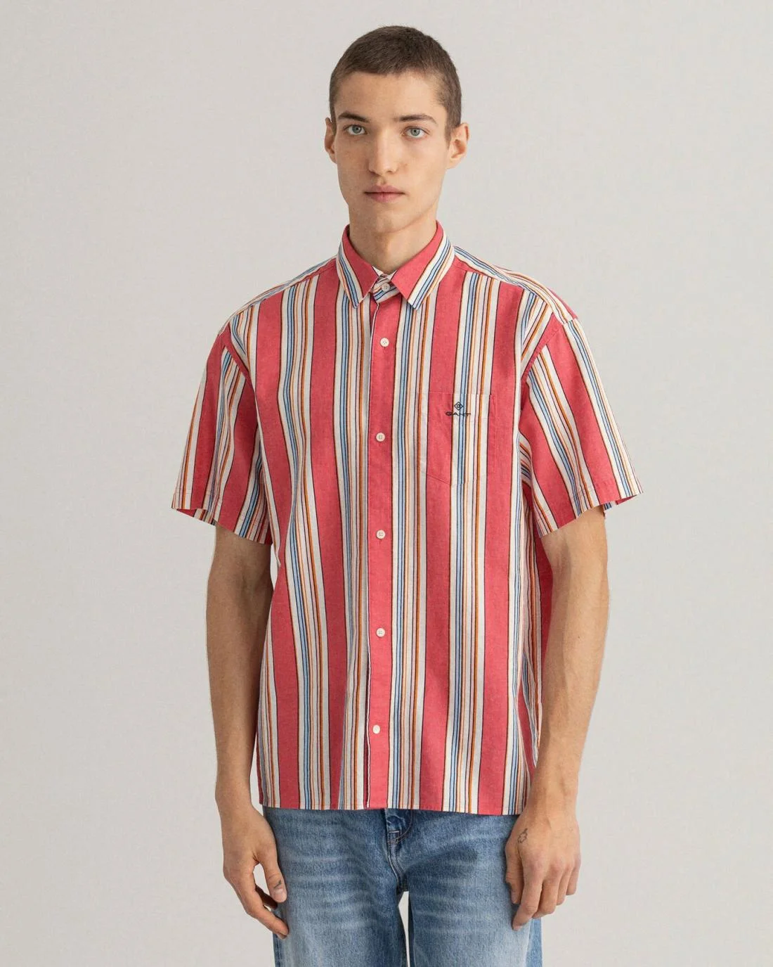 Shirts | Mens GANT Relaxed Fit Stripe Short Sleeve Cotton Linen Shirt Watermelon Pink