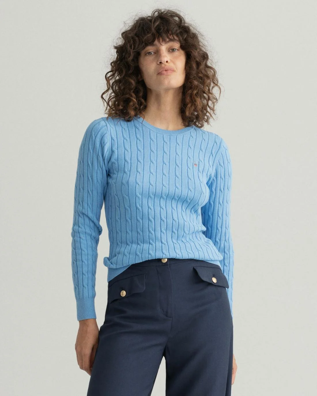 Knitwear | Womens GANT Stretch Cotton Cable Crew Neck Sweater Silver Lake Blue