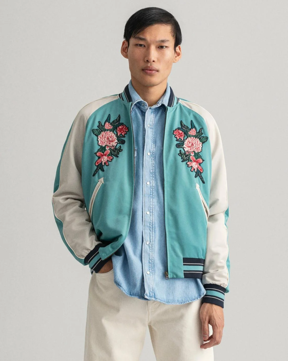 Jackets And Coats | Mens GANT Dahlia Badge Gant Varsity Jacket Light Aqua Green