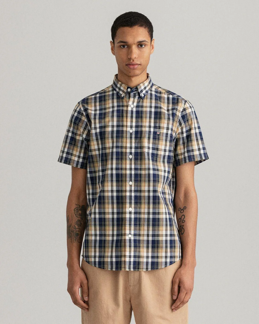 Shirts | Mens GANT Regular Fit Washed Poplin Check Short Sleeve Shirt Hazelwood Beige