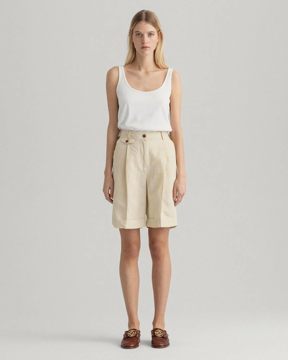 Shorts And Skirts | Womens GANT High-Waisted Linen Blend Long Shorts Desert Beige