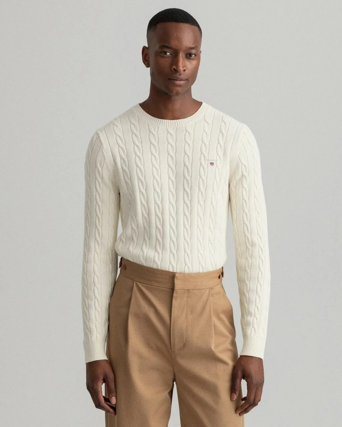 Knitwear | Mens GANT Cotton Cable Crew Neck Sweater Cream