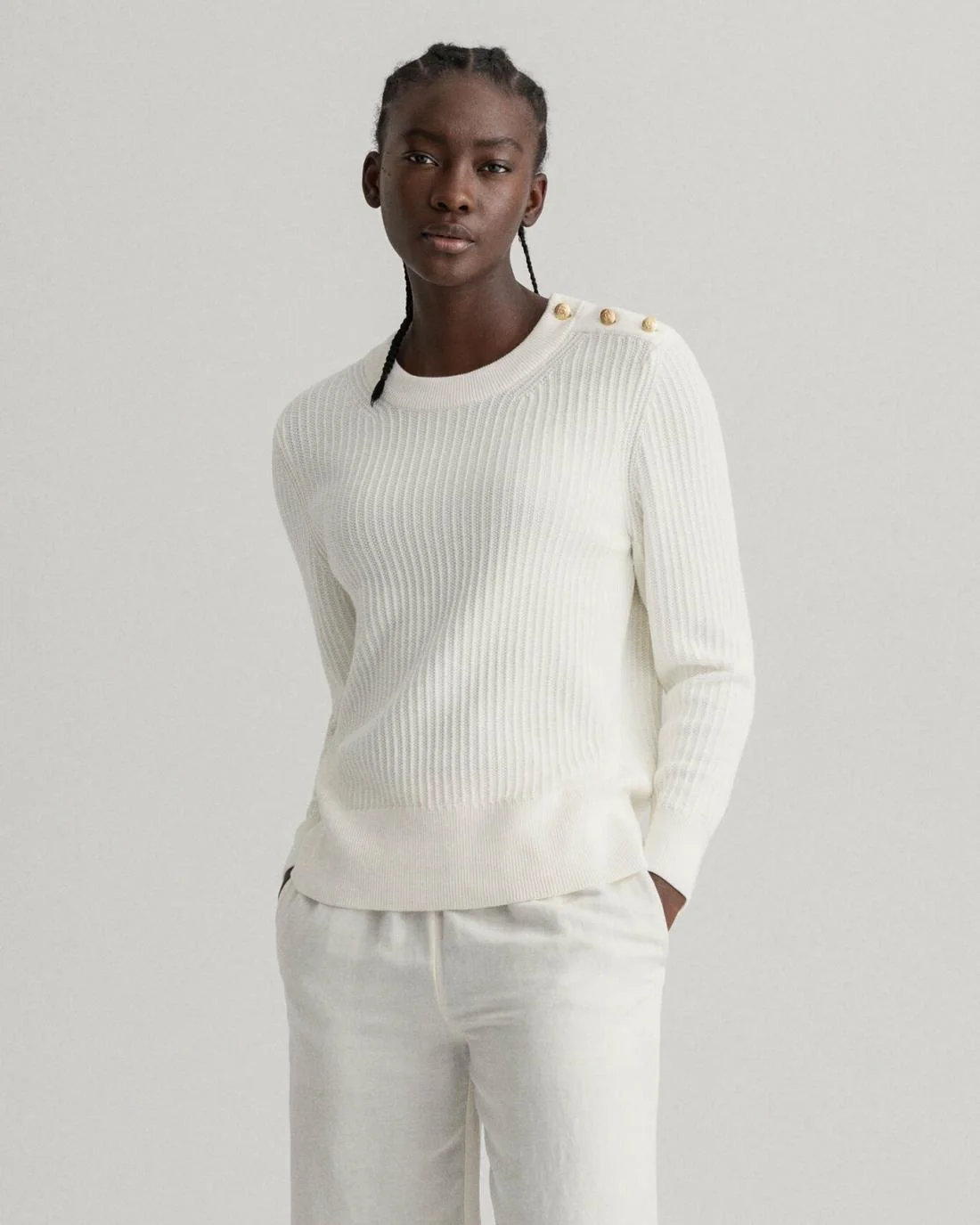 Knitwear | Womens GANT Ribbed Piqué Crew Neck Sweater Eggshell