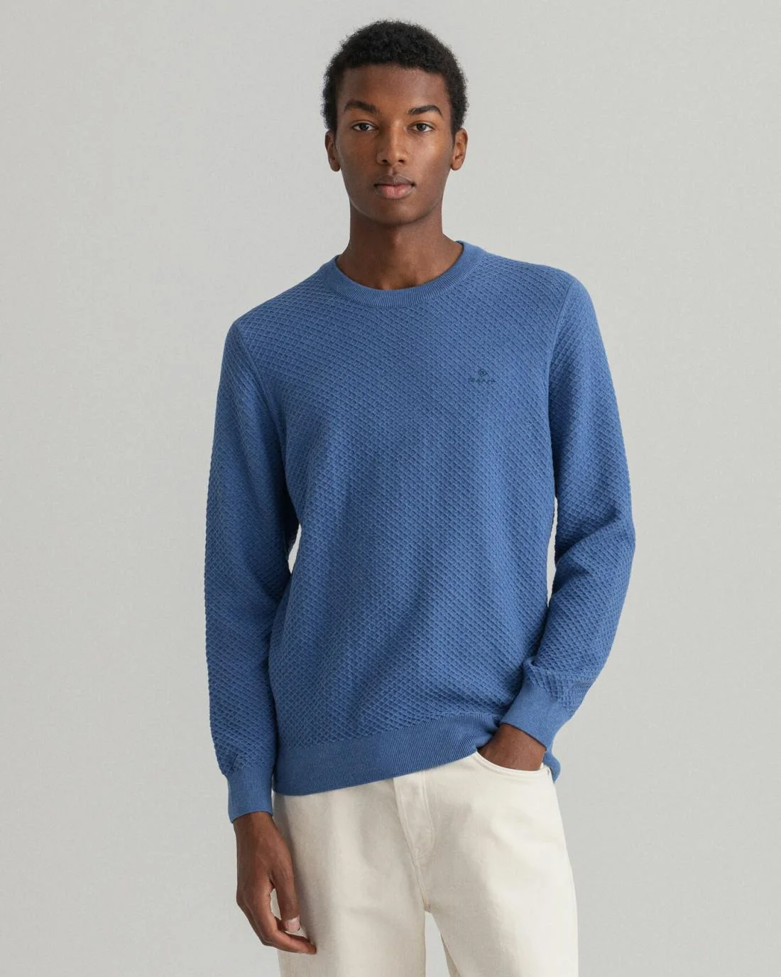 Knitwear | Mens GANT Cotton Texture Crew Neck Sweater Atlantic Blue Melange