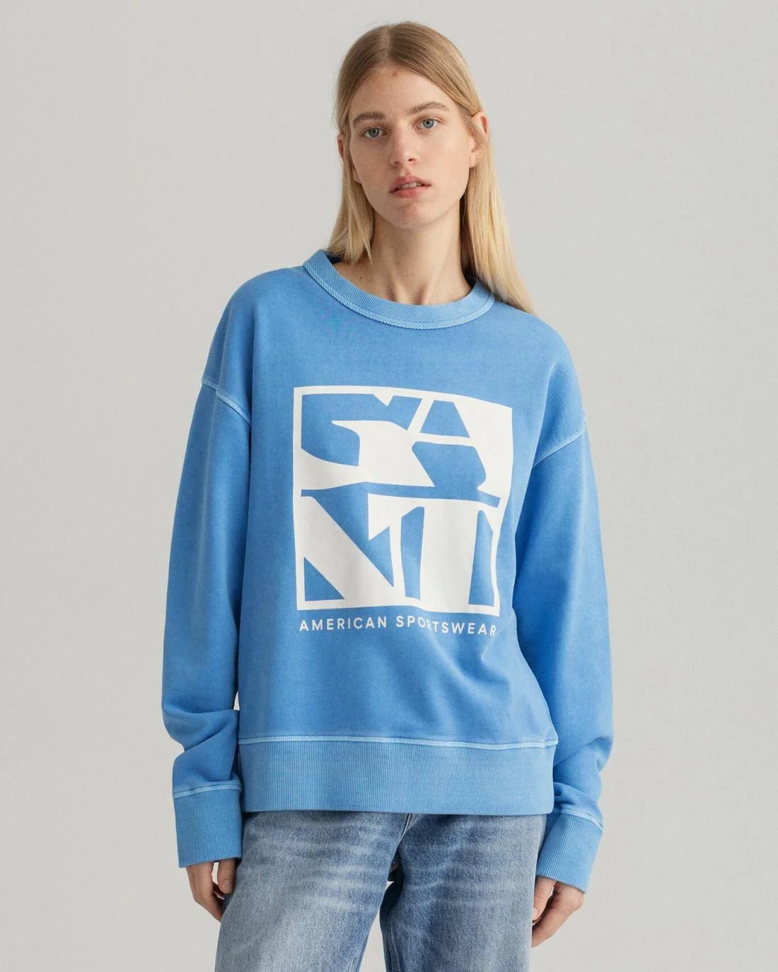 Hoodies And Sweats | Womens GANT Quadrat Logo Crew Neck Sweatshirt Silver Lake Blue