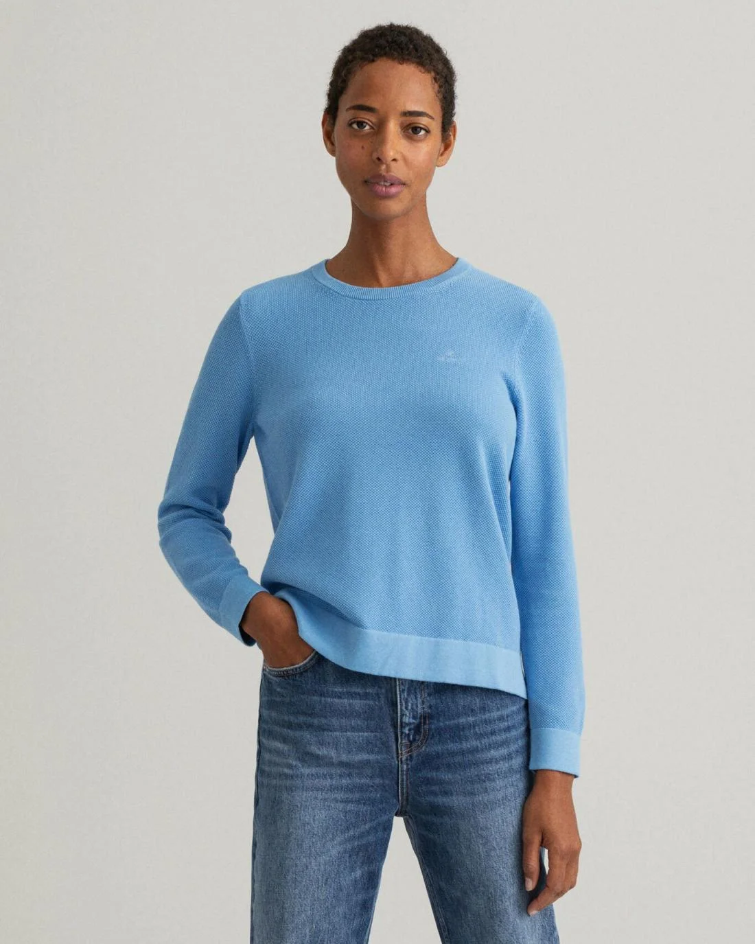 Knitwear | Womens GANT Cotton Piqué Crew Neck Sweater Silver Lake Blue