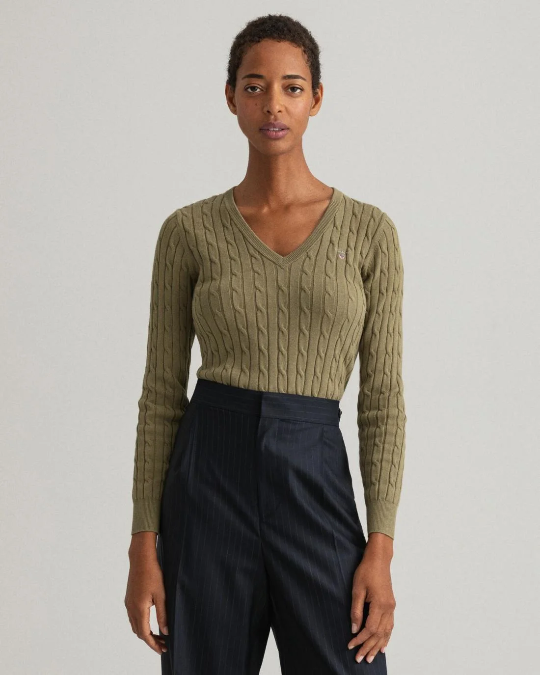 Knitwear | Womens GANT Stretch Cotton Cable V-Neck Sweater Utility Green