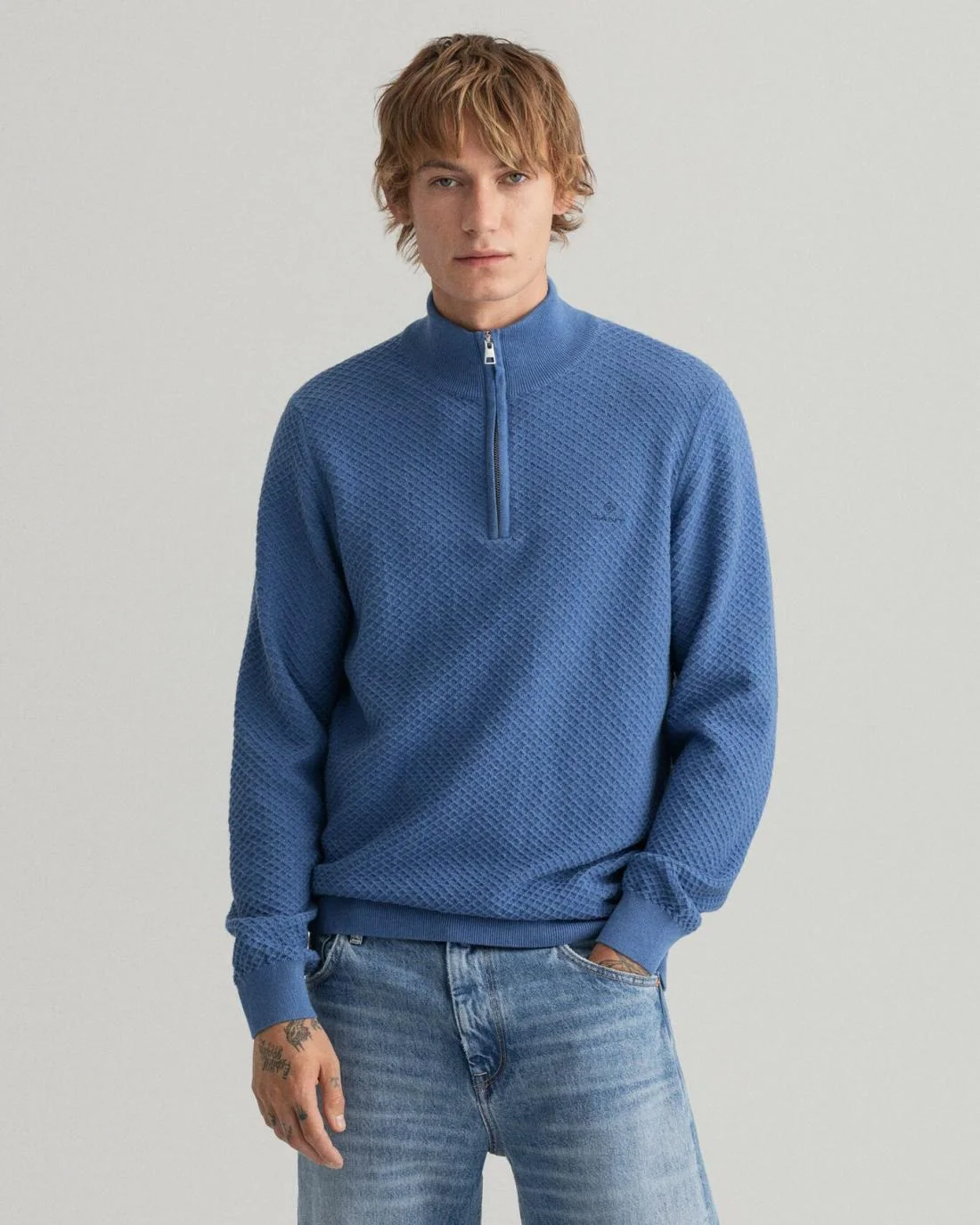 Knitwear | Mens GANT Cotton Texture Half-Zip Sweater Atlantic Blue Melange