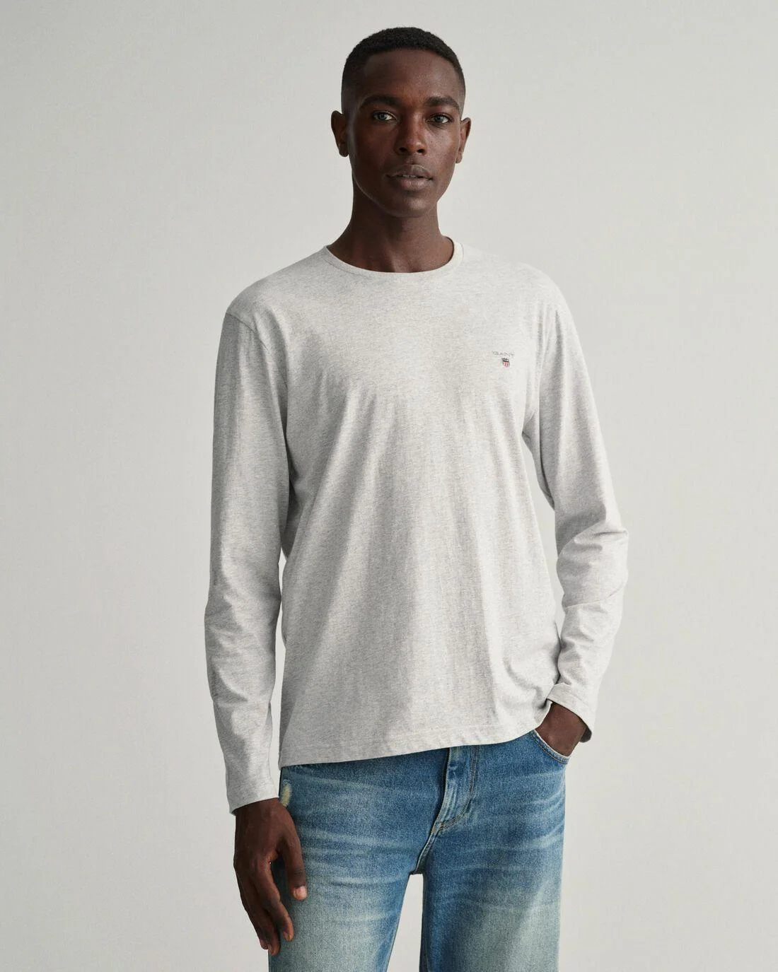 T-Shirts | Mens GANT Original Long Sleeve T-Shirt Light Grey Melange