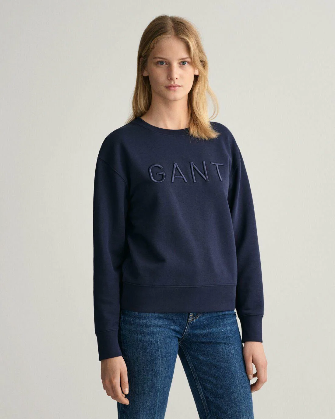 Hoodies And Sweats | Womens GANT Tonal Crew Neck Sweater Evening Blue