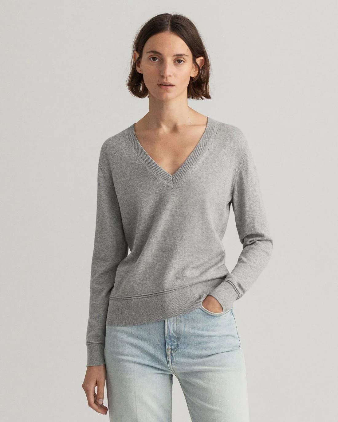 Knitwear | Womens GANT Light Cotton V-Neck Sweater Grey Melange