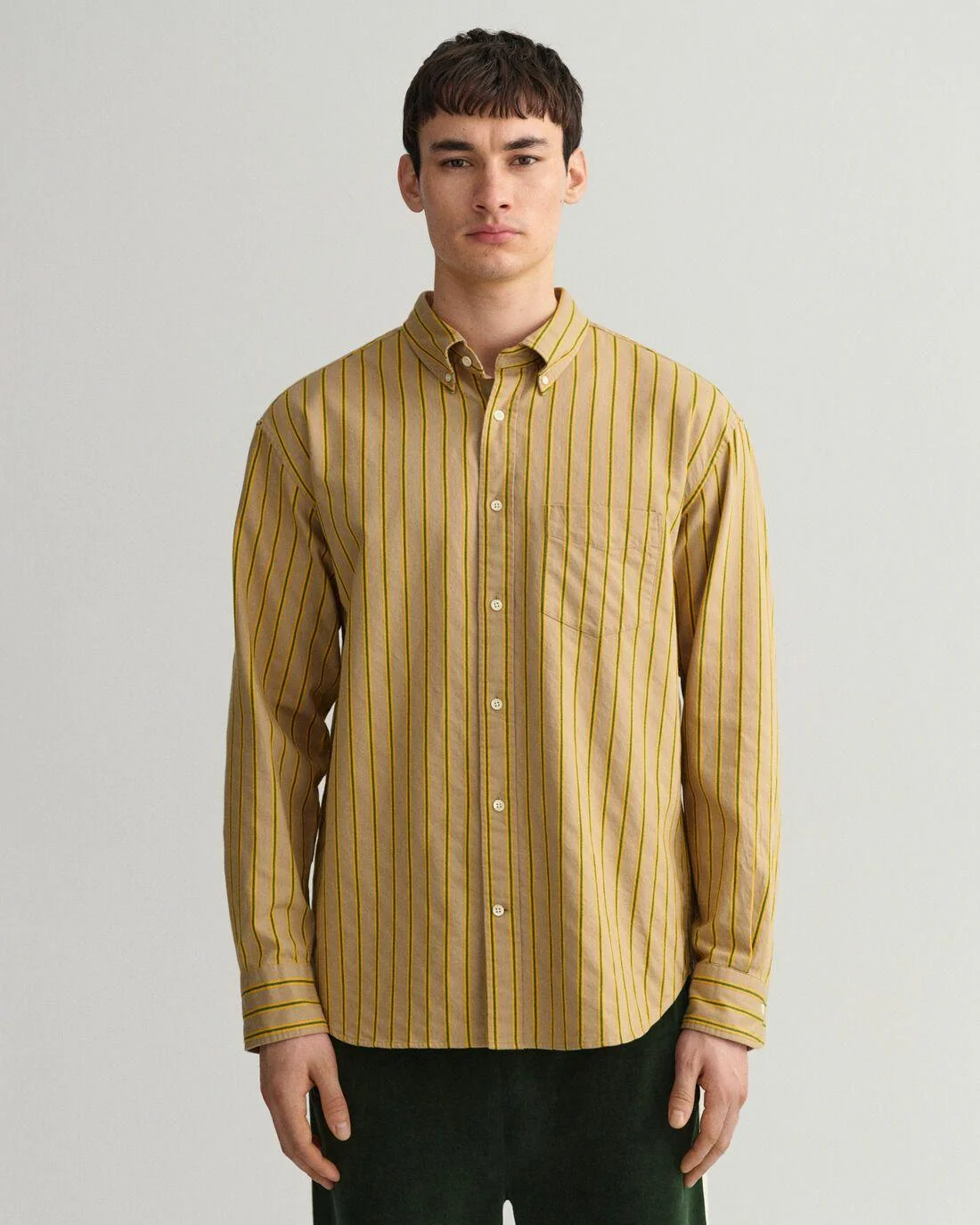 Shirts | Mens GANT Relaxed Fit Dobby Stripe Shirt Dark Khaki