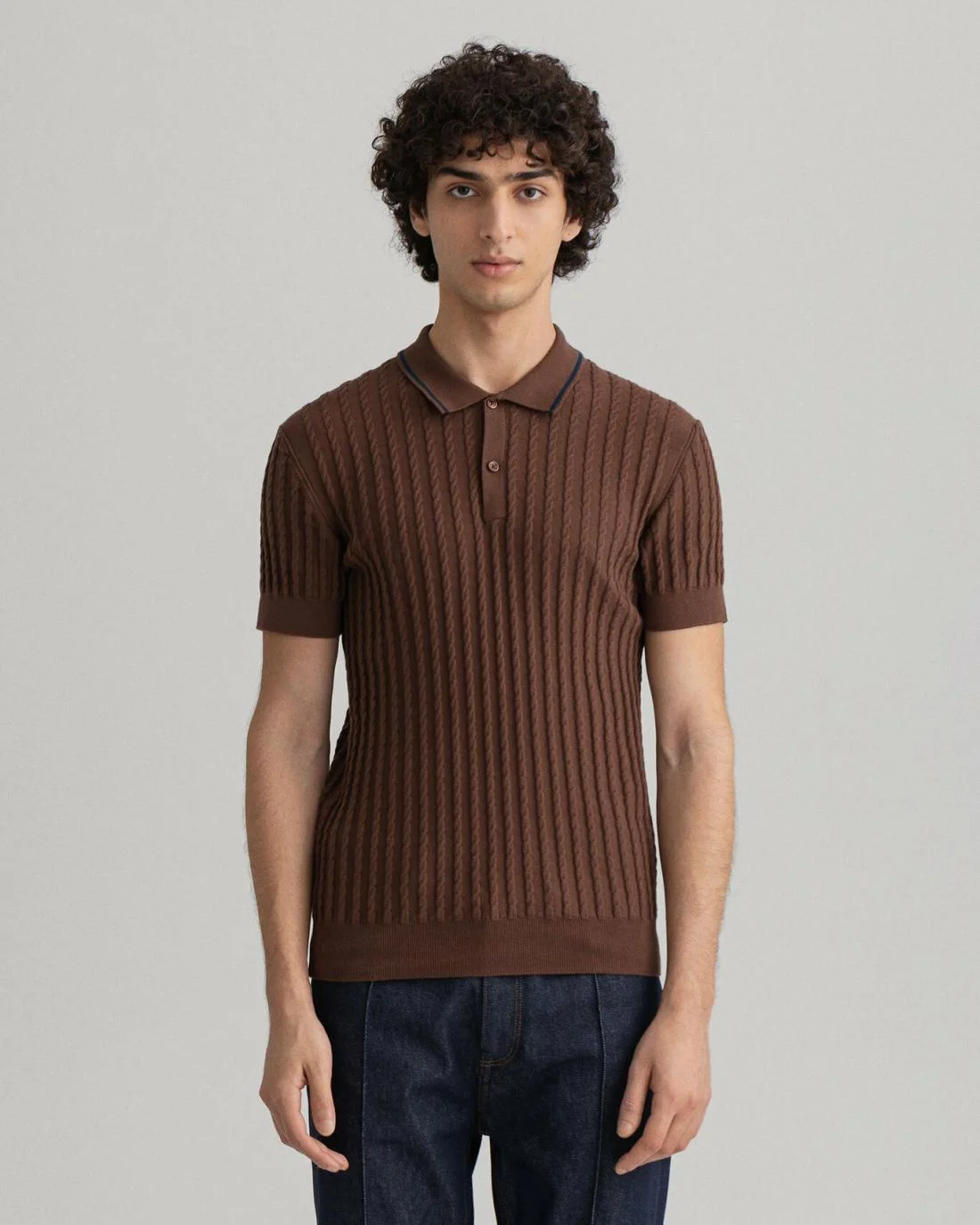 Knitwear | Mens GANT Cable Polo Sweater Chocolate Brown