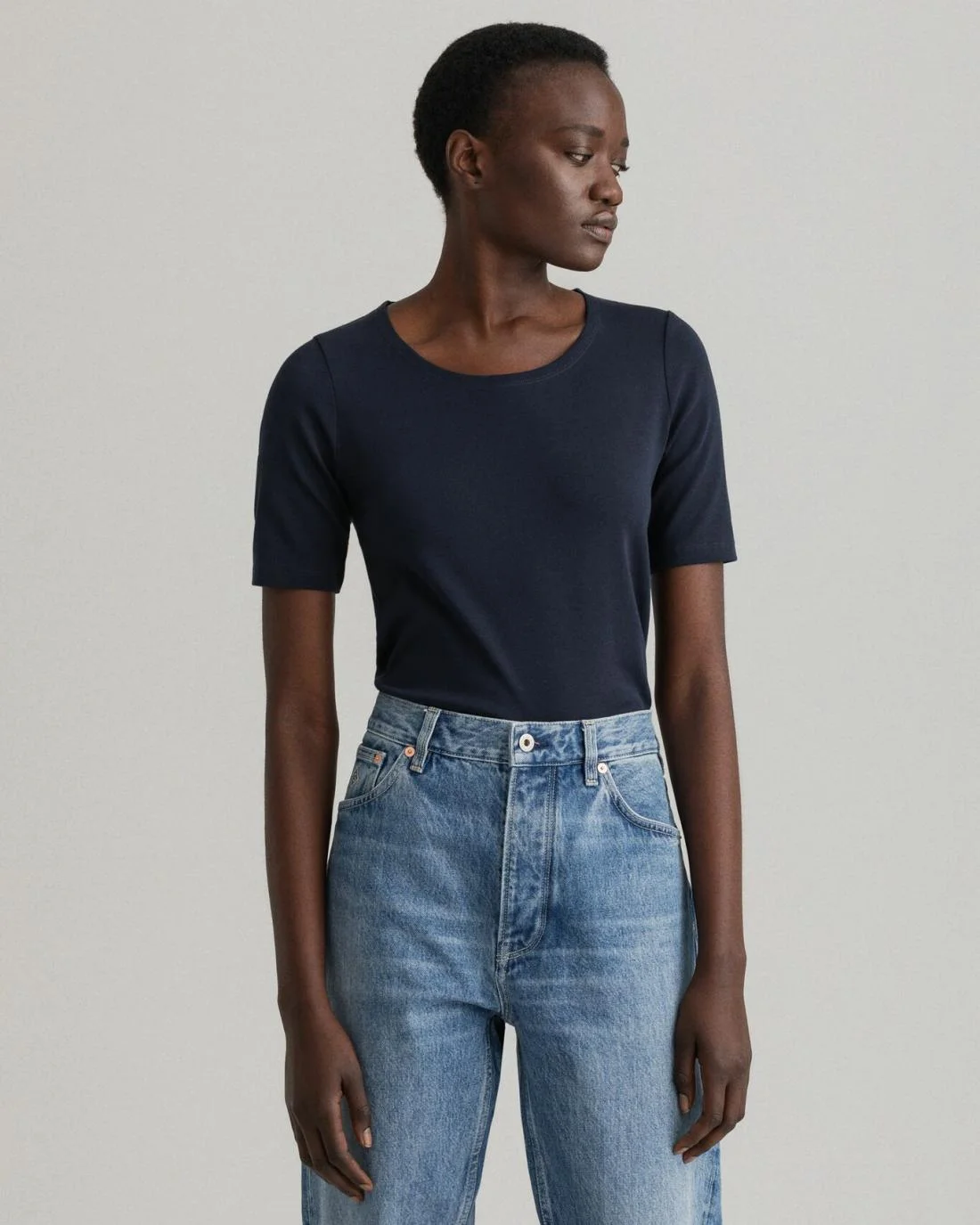 Polos And T-Shirts | Womens GANT Ribbed Long-Short Sleeve T-Shirt Evening Blue