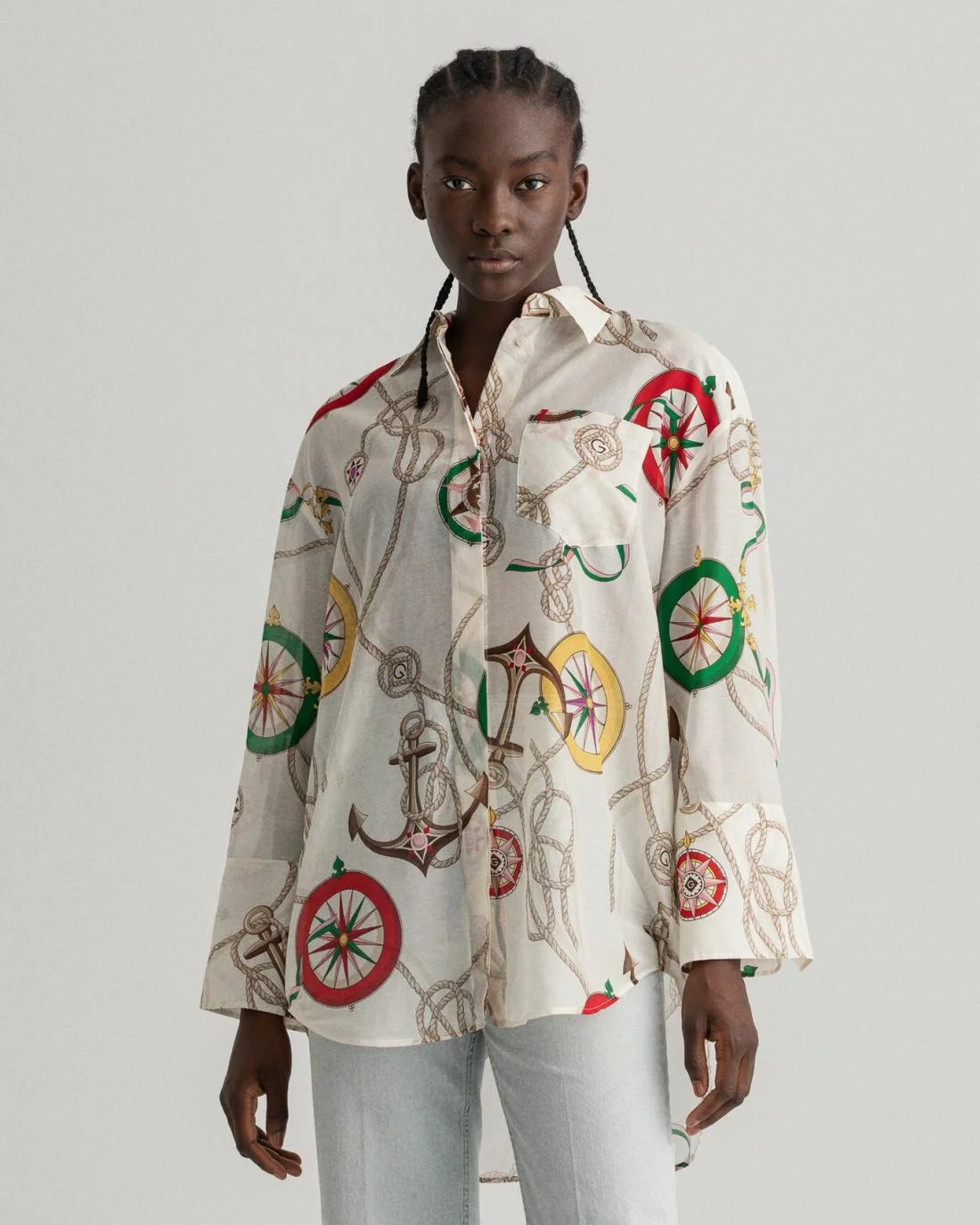 Shirts And Blouses | Womens GANT Oversized Sailing Print Cotton Silk Shirt Cream