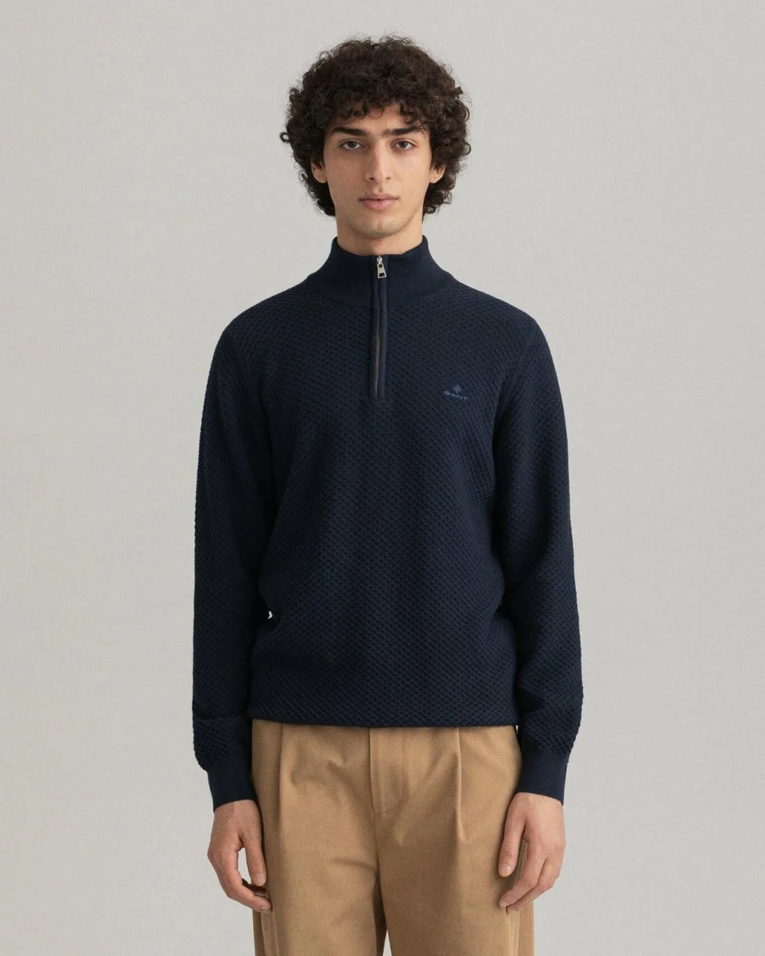 Knitwear | Mens GANT Cotton Texture Half-Zip Sweater Evening Blue