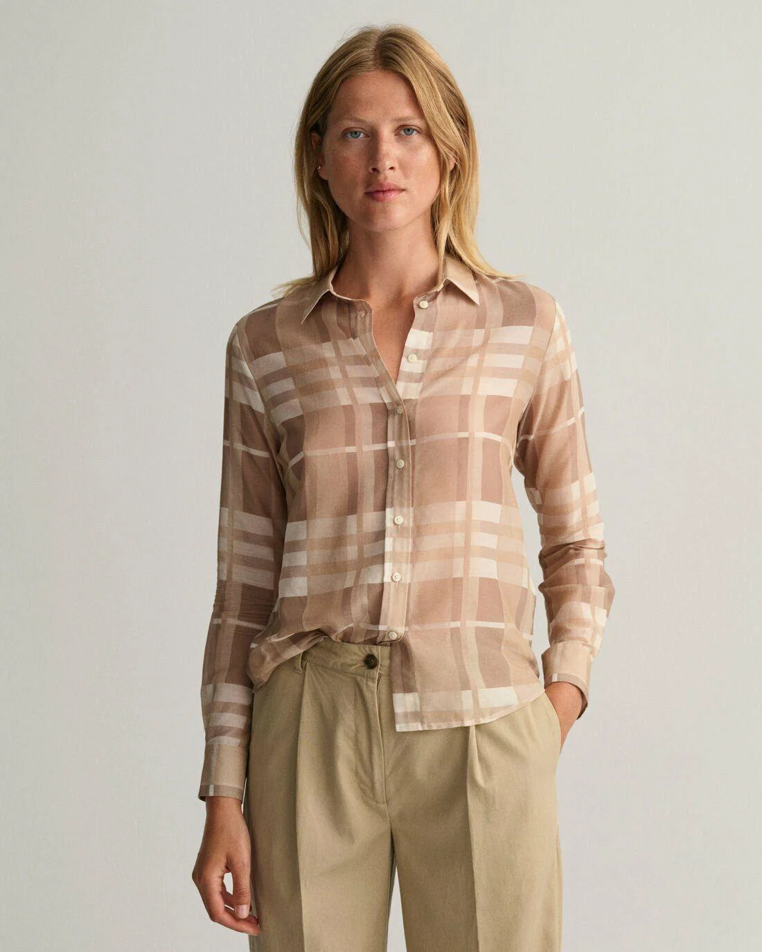 Shirts And Blouses | Womens GANT Regular Fit Cotton Silk Check Shirt Concrete Beige