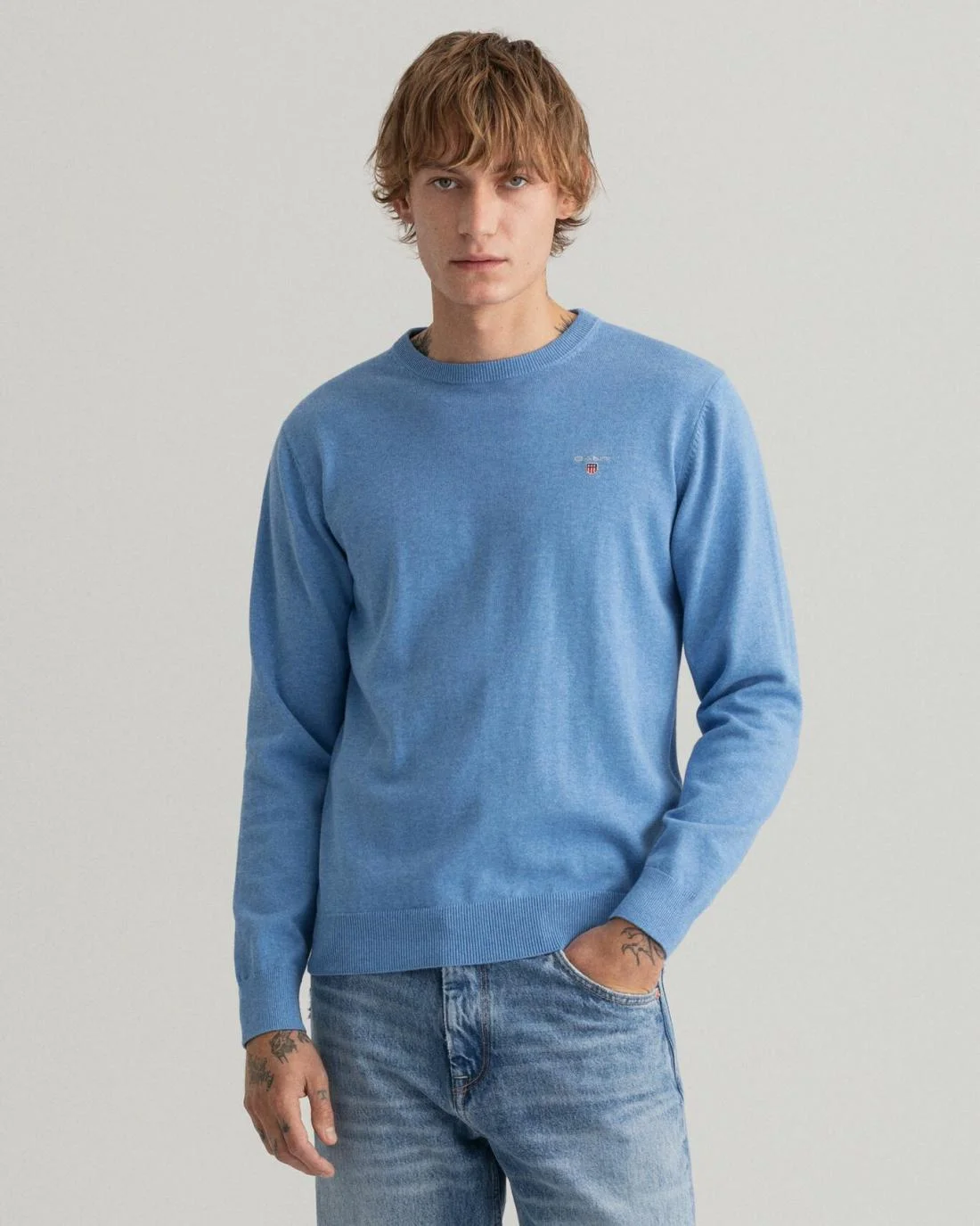 Knitwear | Mens GANT Classic Cotton Crew Neck Sweater Blue Melange