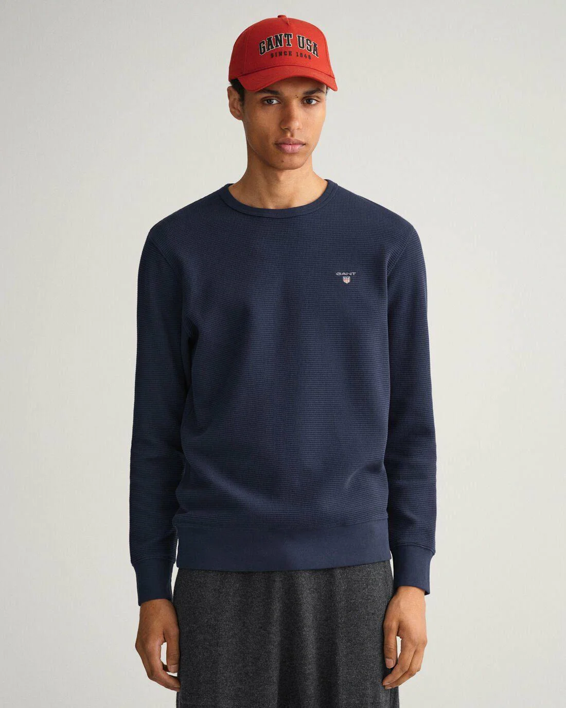 Hoodies And Sweats | Mens GANT Waffle Crew Neck Sweatshirt Evening Blue