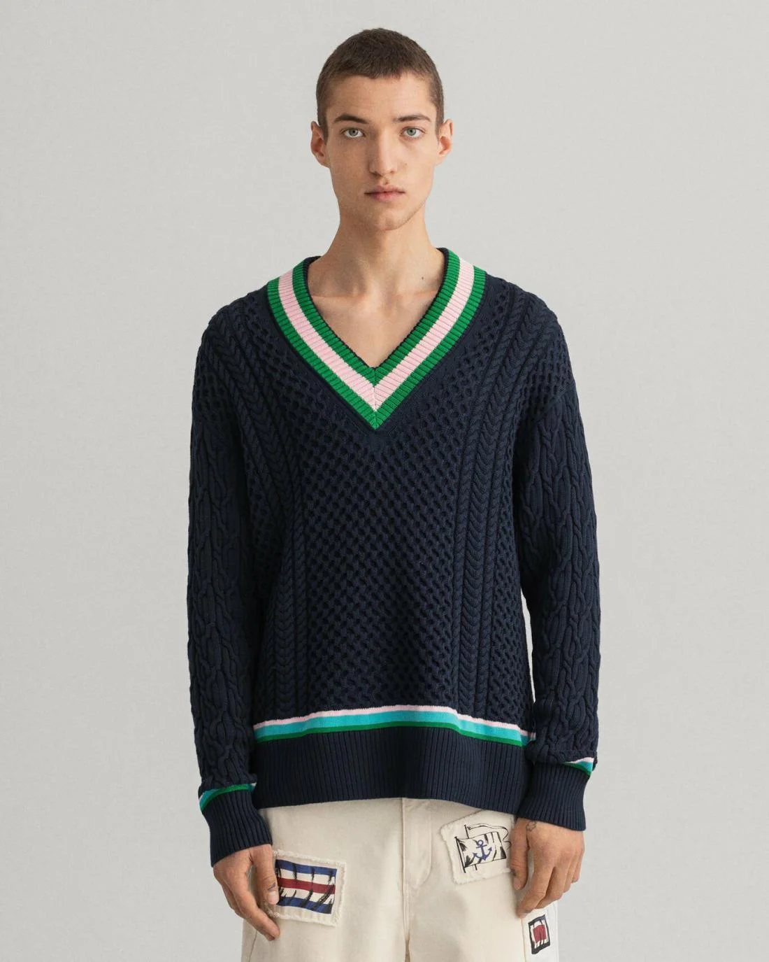 Knitwear | Mens GANT Cable Cricket V-Neck Sweater Evening Blue