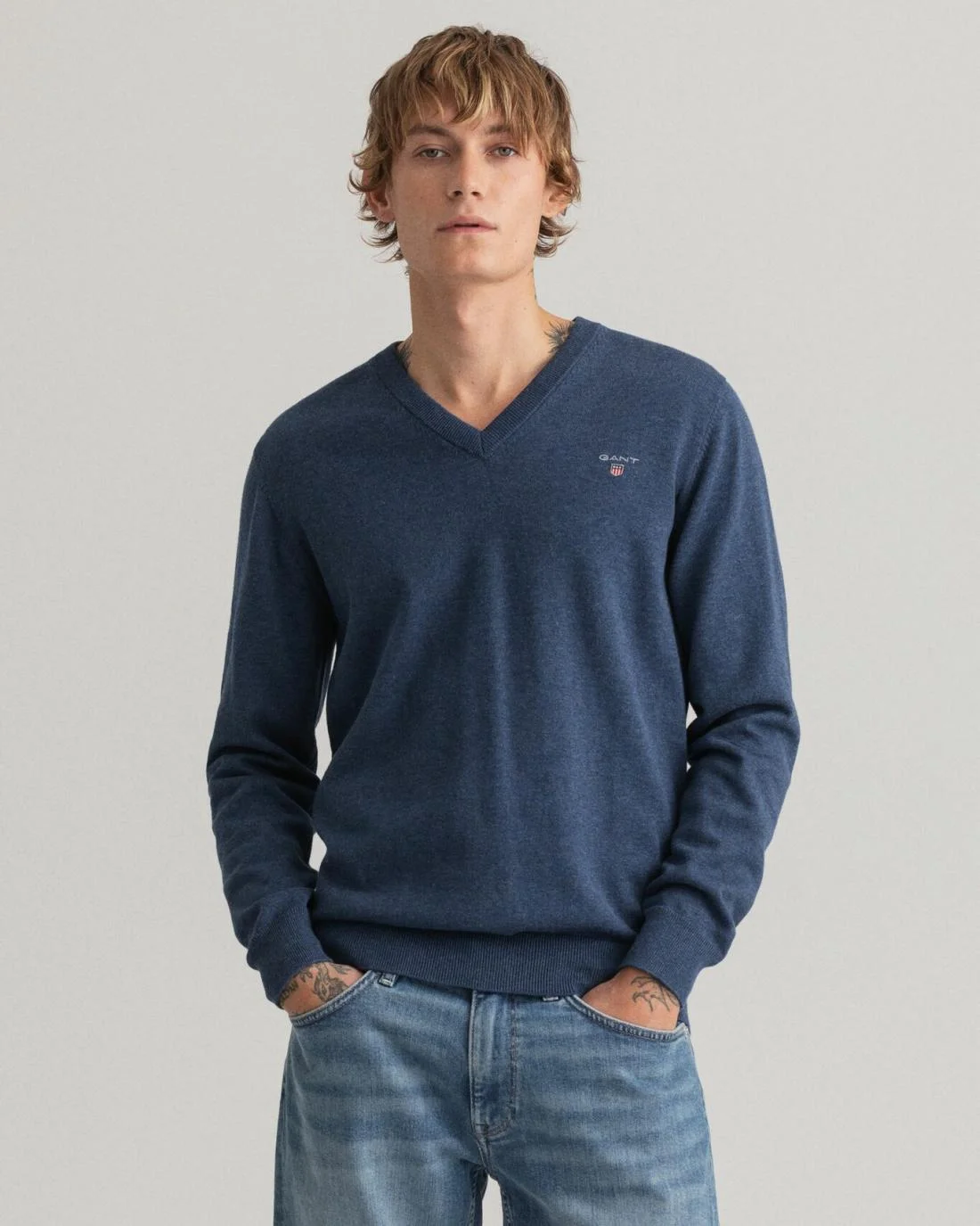 Knitwear | Mens GANT Classic Cotton V-Neck Sweater Dk Jeansblue Melange