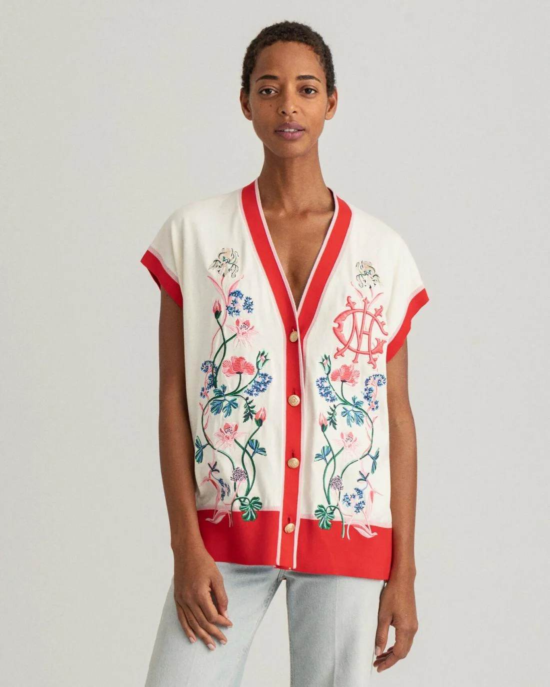 Knitwear | Womens GANT Floral Monogram Embroidery Vest Cream