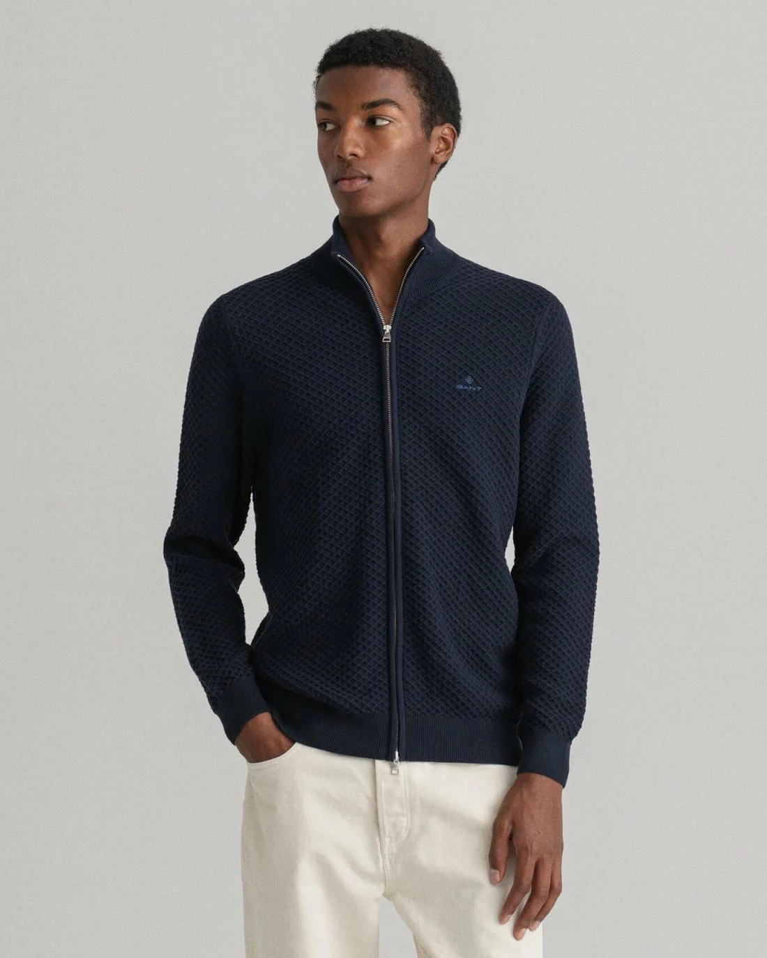 Knitwear | Mens GANT Cotton Texture Full-Zip Sweater Evening Blue