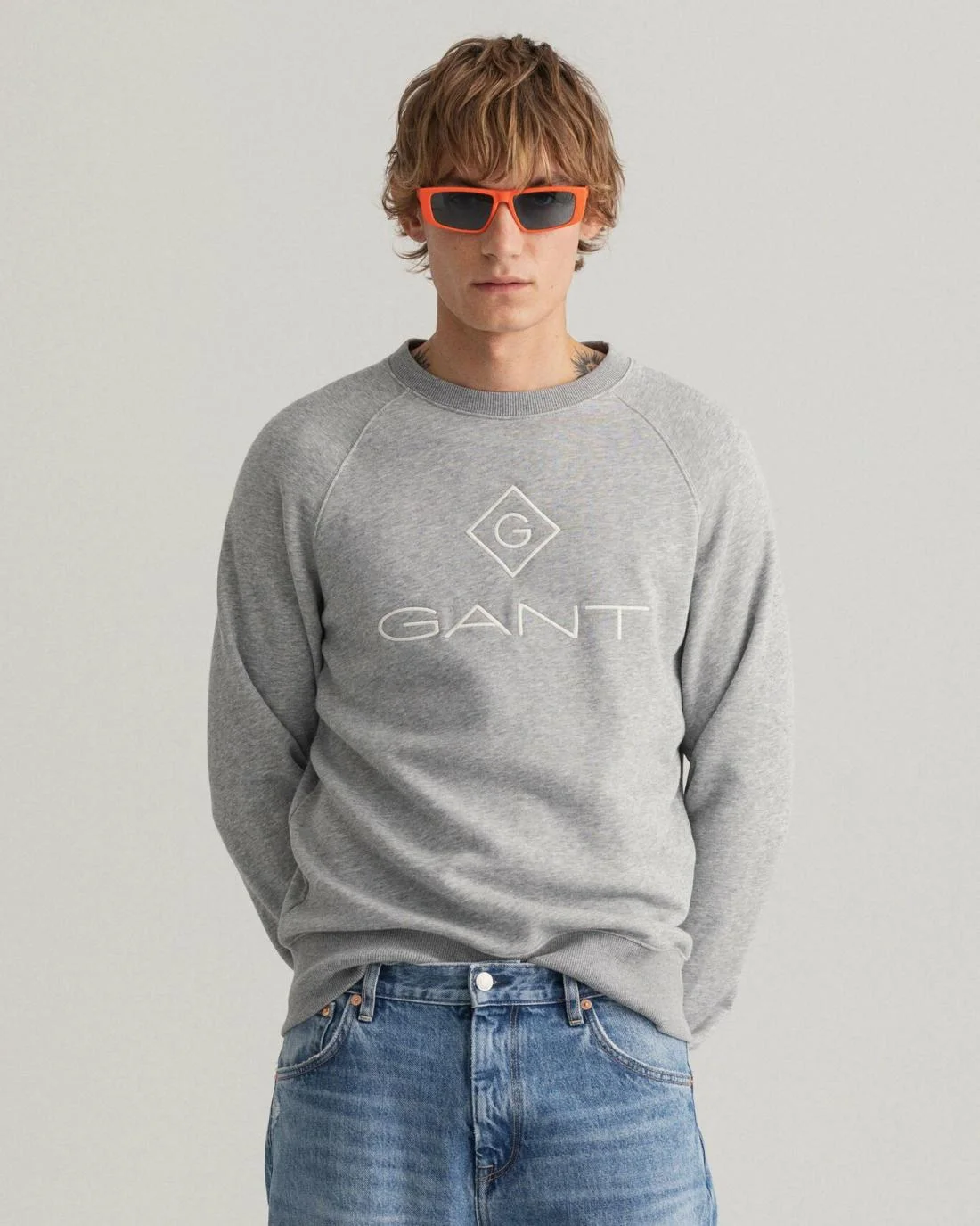 Hoodies And Sweats | Mens GANT Logo Crew Neck Sweatshirt Grey Melange