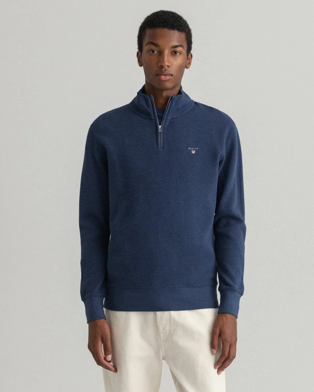 Hoodies And Sweats | Mens GANT Waffle Half-Zip Sweatshirt Marine Melange