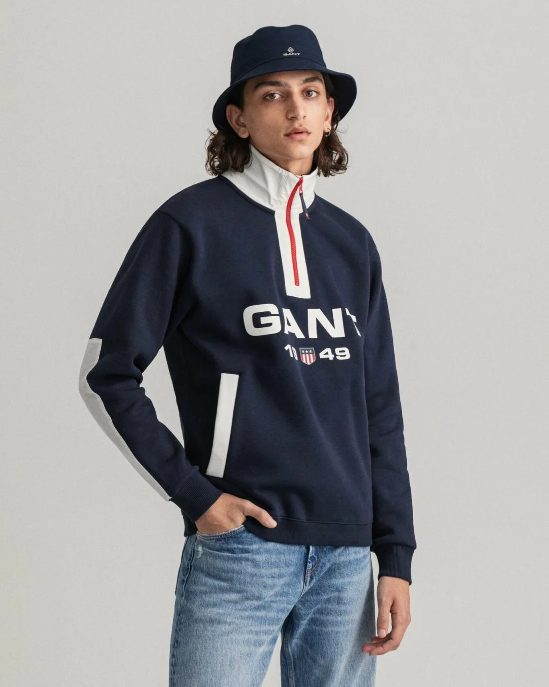 Hoodies And Sweats | Mens GANT Retro Logo Half-Zip Sweatshirt Evening Blue