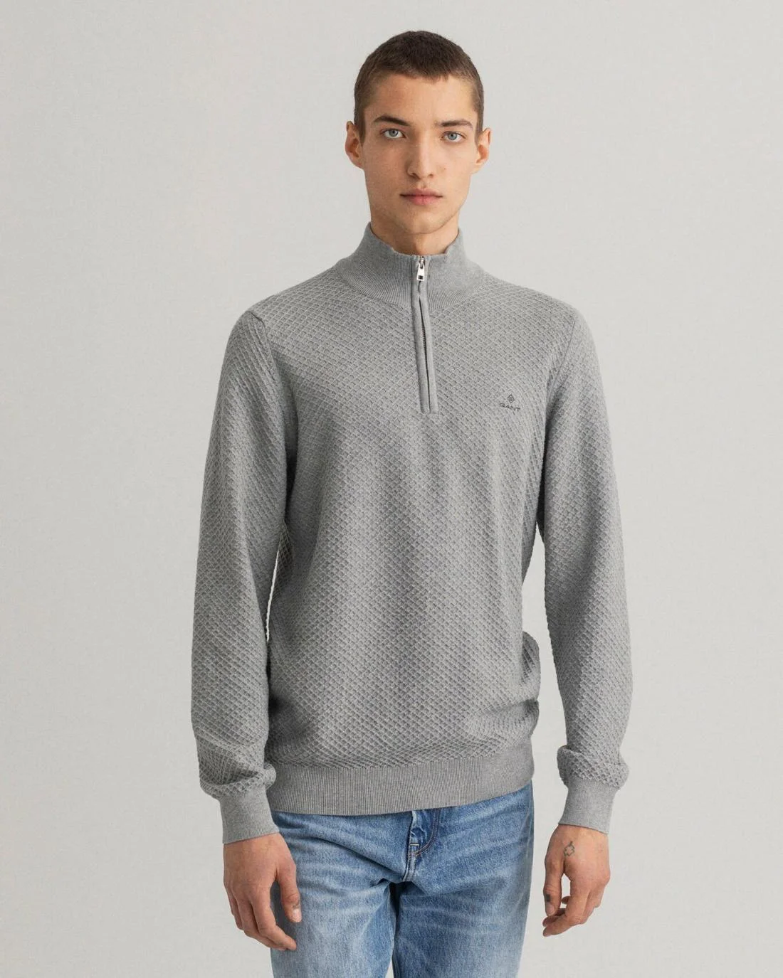 Knitwear | Mens GANT Cotton Texture Half-Zip Sweater Grey Melange