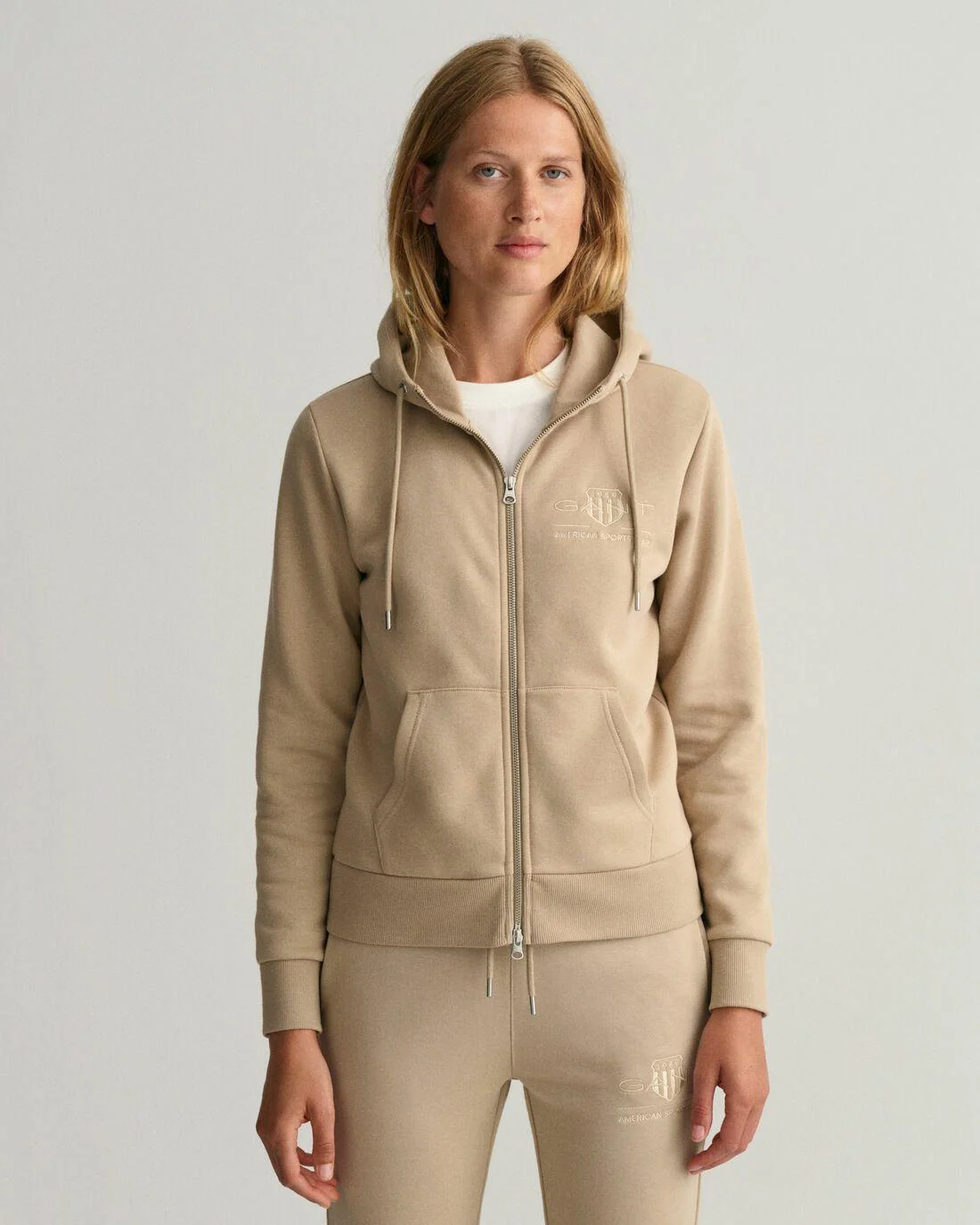 Hoodies And Sweats | Womens GANT Tonal Archive Shield Zip Hoodie Concrete Beige