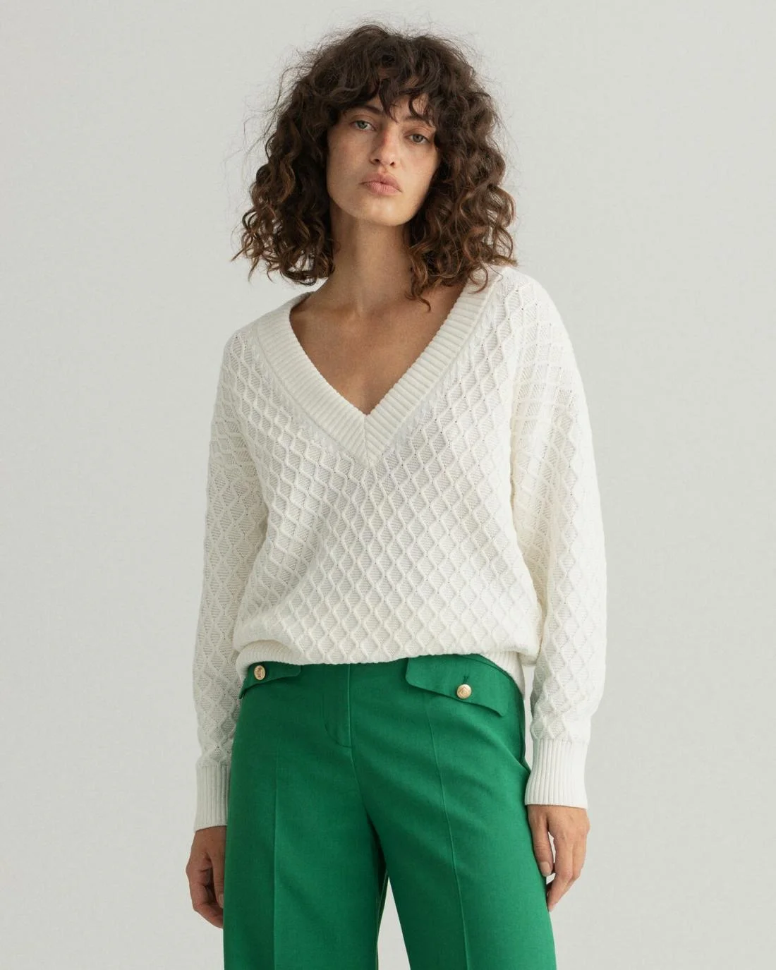 Knitwear | Womens GANT Texture Cotton V-Neck Sweater Eggshell