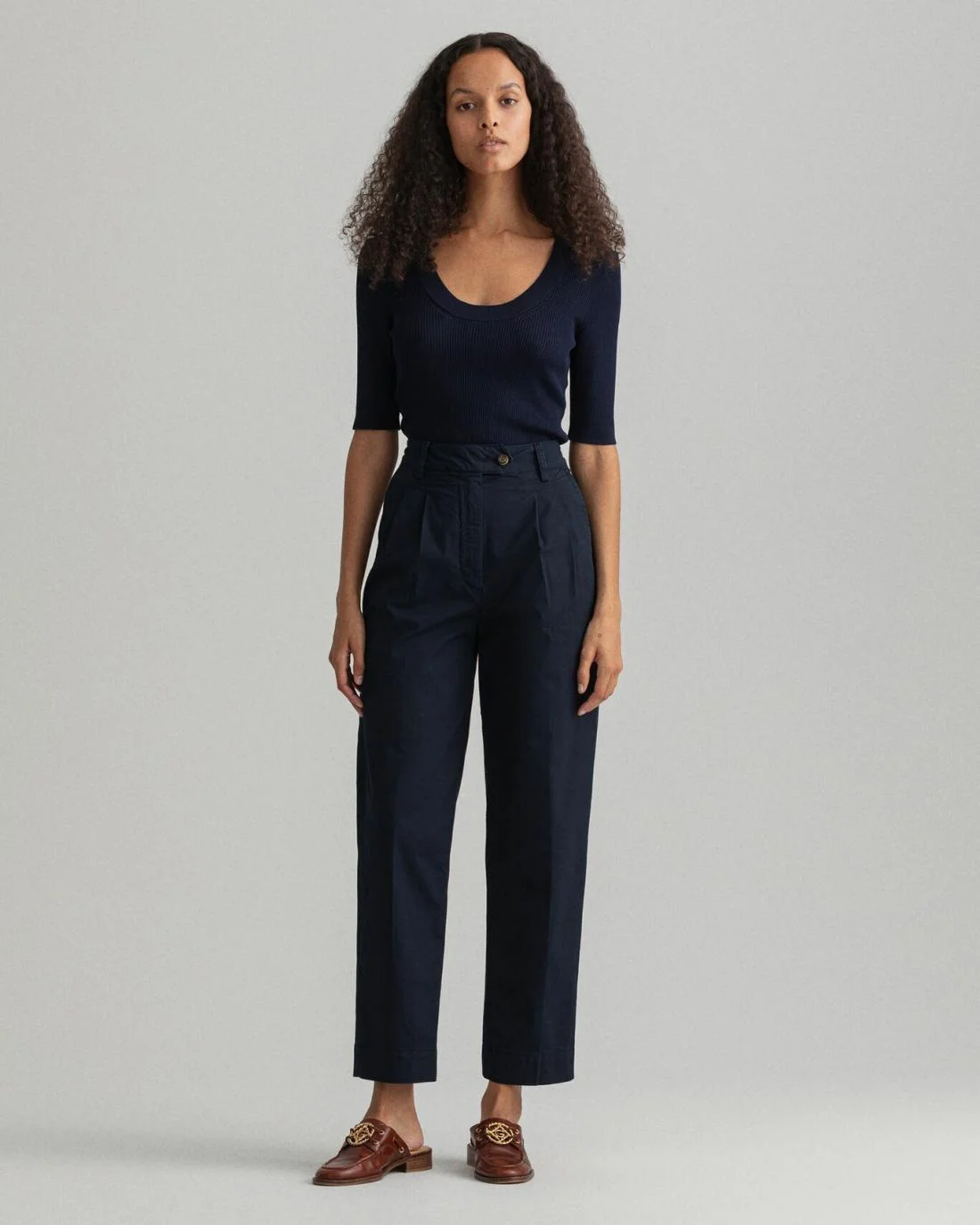 Trousers | Womens GANT High-Waisted Pleated Cotton Chinos Evening Blue