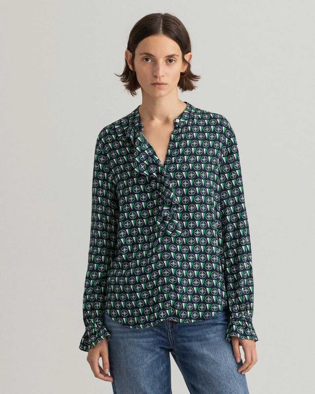 Shirts And Blouses | Womens GANT Geometric Flounce Blouse Classic Blue