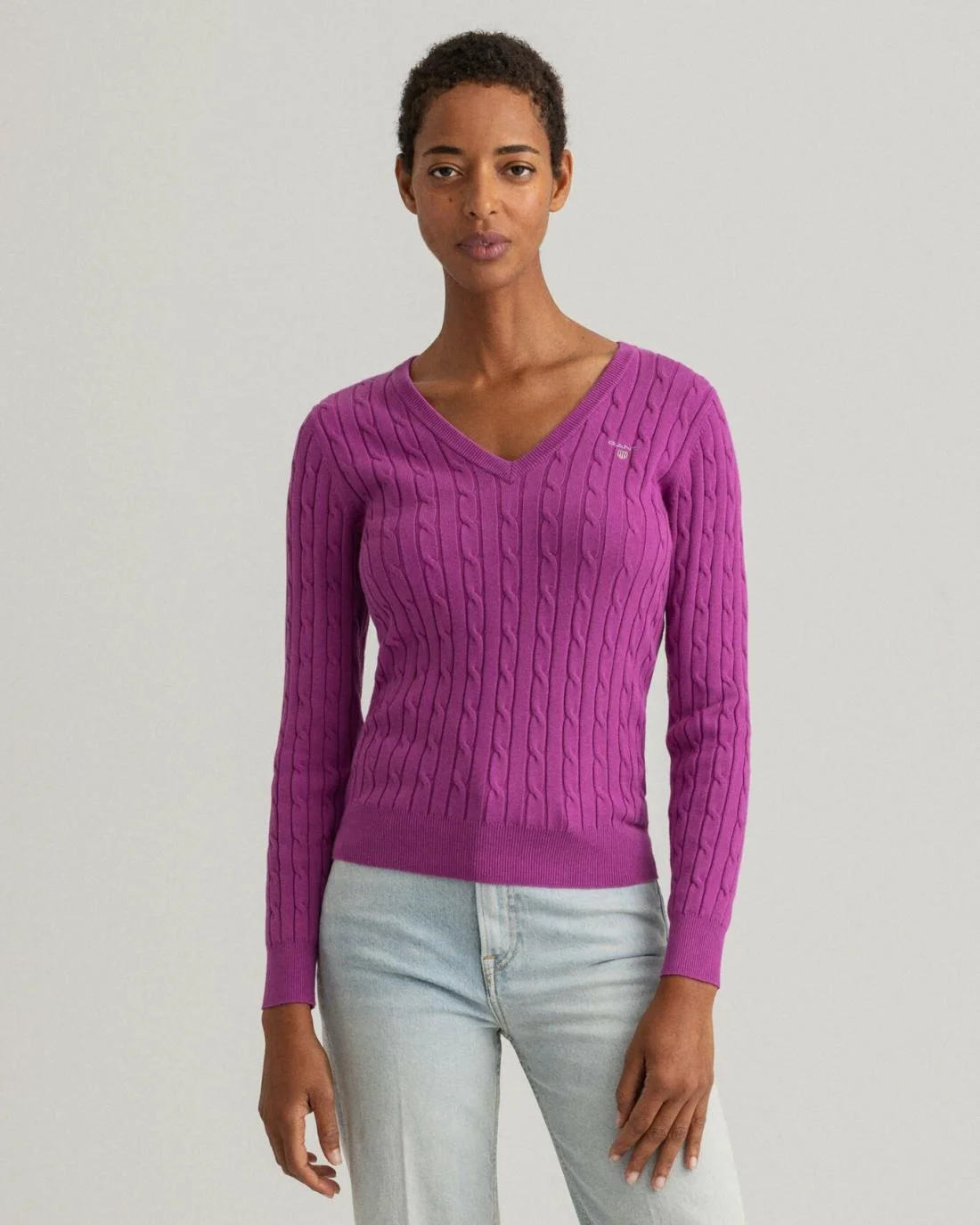 Knitwear | Womens GANT Stretch Cotton Cable V-Neck Sweater Grape Purple